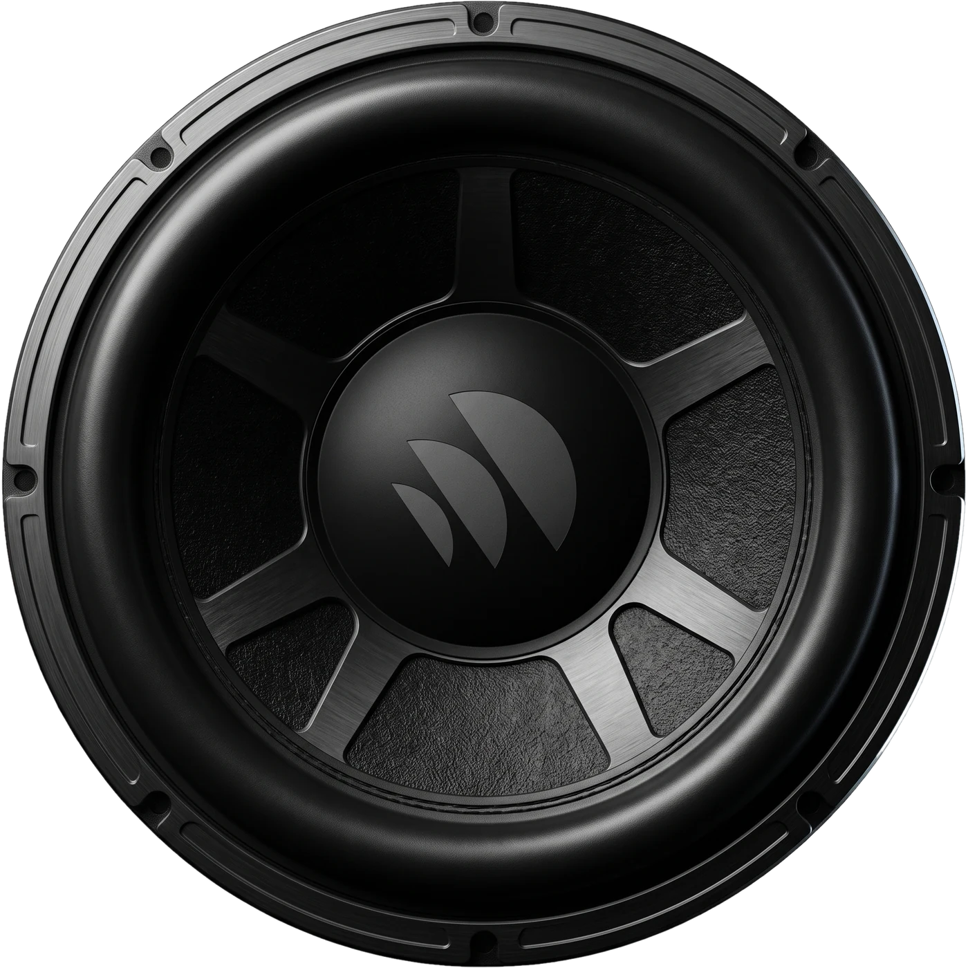 Car audio subwoofer driver with the Loop Audio Works mark on the dust cap, shown head-on. DSP-tuned car audio installation by Loop Audio Works, Coimbatore.